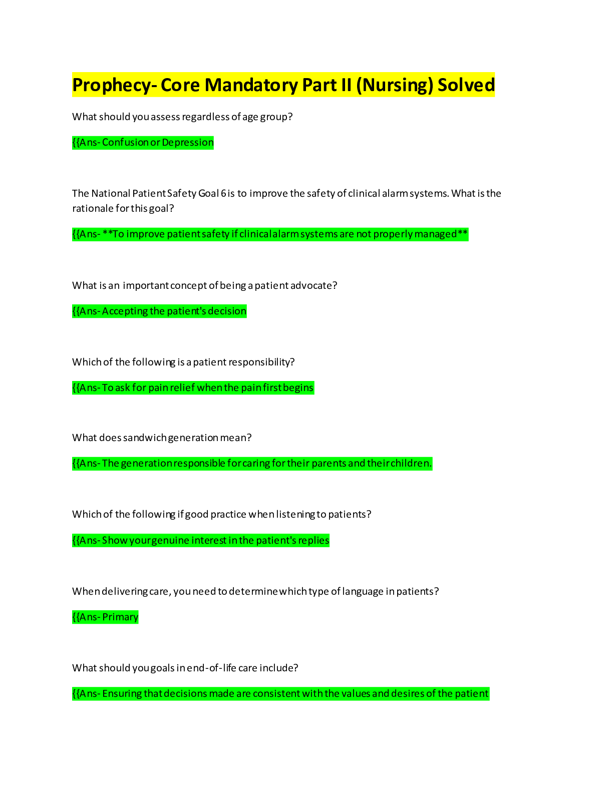 Preview image for Prophecy- Core Mandatory Part II (Nursing) Solved